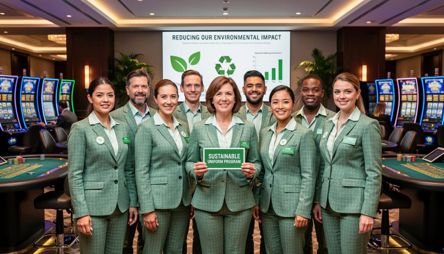 Diverse casino staff members wearing sustainable uniforms on gaming floor