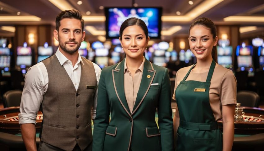 Diverse casino staff—dealer, pit boss, and cocktail server—wearing modern eco-friendly uniforms in earth tones on the casino floor, with a roulette table and softly blurred sportsbook screens in the background, warm diffused lighting, no visible text or logos.