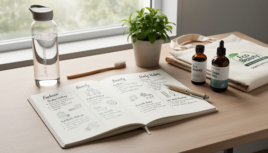 Overhead view of open sustainability journal with handwritten notes surrounded by sustainable lifestyle items