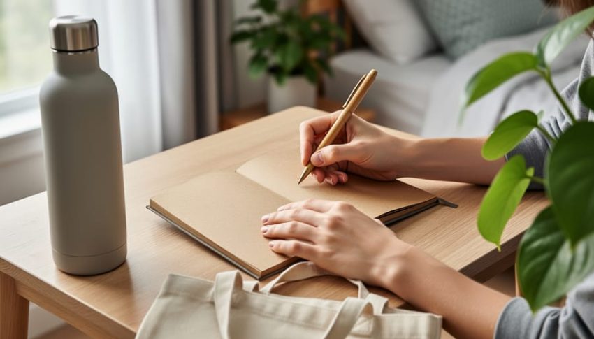 Hands of a college student writing in a kraft-paper journal on a wooden desk with a reusable water bottle, plant leaves, bamboo pen, and canvas tote, lit by soft side daylight with a blurred dorm room and greenery behind.