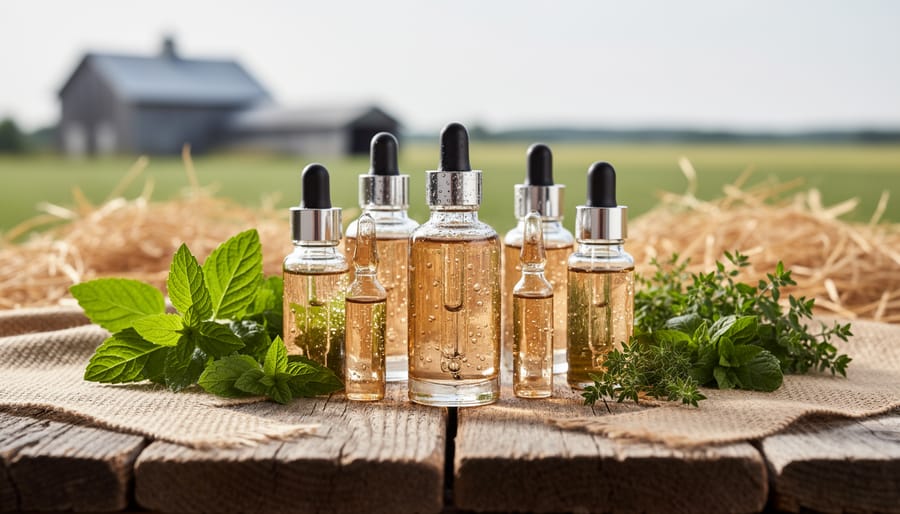 Skincare ampoule and serum bottles on a wooden tray beside herbs in a farm-style setting