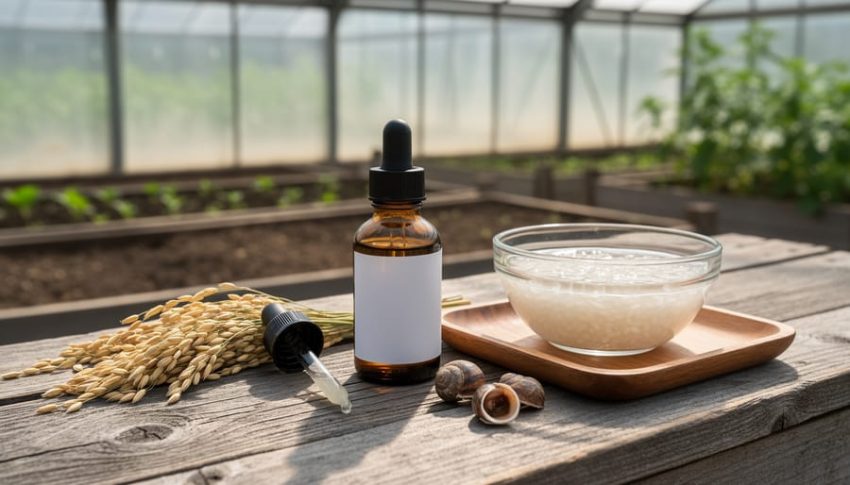 Close-up of a skincare bottle on rustic wood next to barley stalks and bowls of farm ingredients, with a blurred greenhouse background.