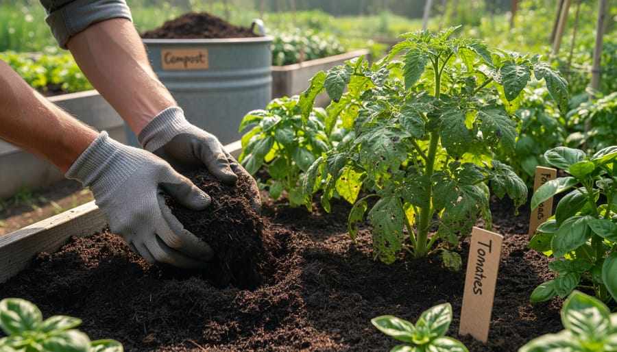 Farmer’s hands watering herbs beside compost and healthy soil with a blurred skincare bottle in the foreground