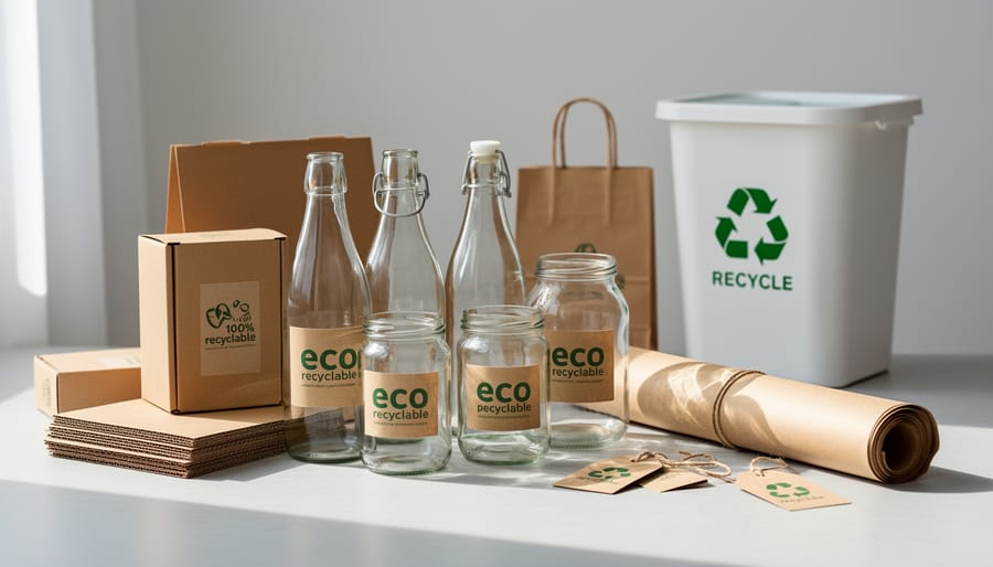 Glass skincare bottles and paperboard packaging being placed into a reusable tote bag on a sunlit counter