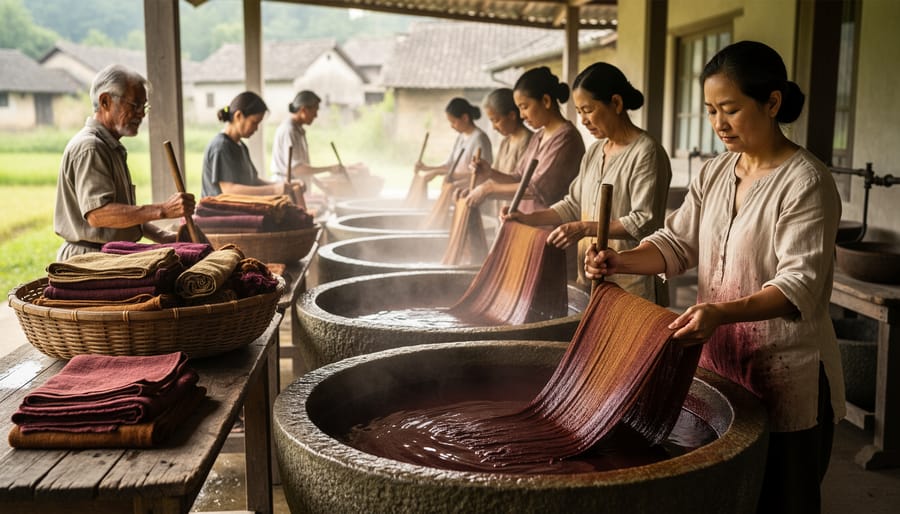 An artisan dyeing yarn outdoors with yarn hanging to dry in a community setting.