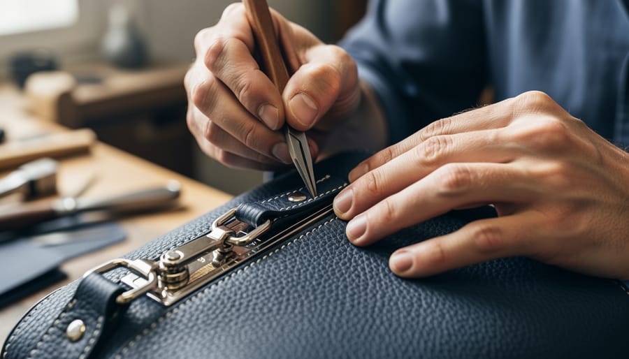 Artisan hands stitching a hand-finished leather garment in a workshop.