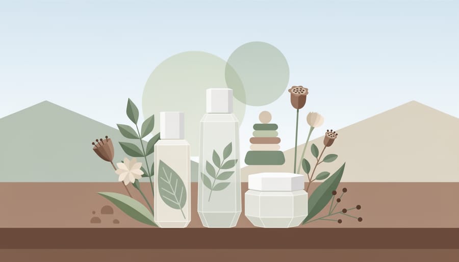 Botanical leaves next to a clear glass jar of natural skincare serum on a minimalist surface