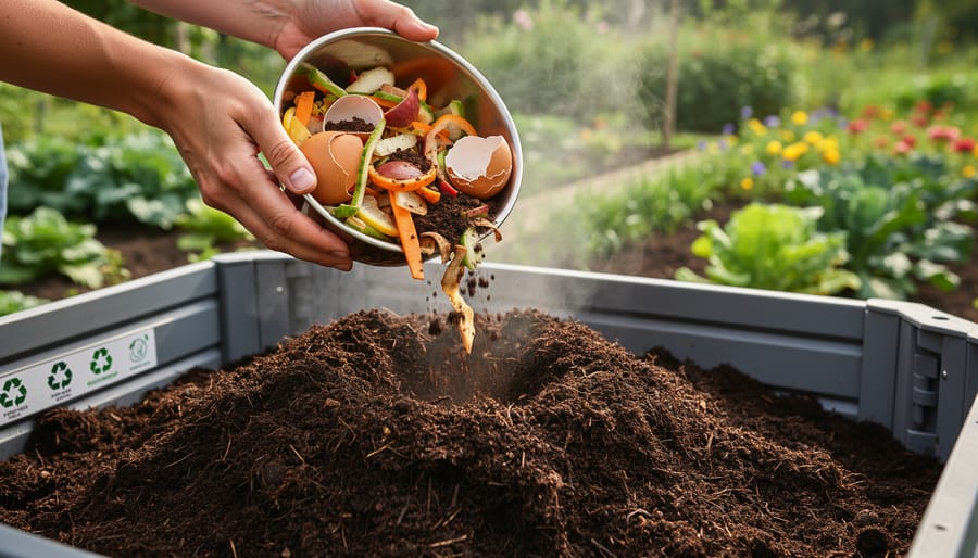 Close-up of a compost caddy holding vegetable scraps with brown compost material nearby