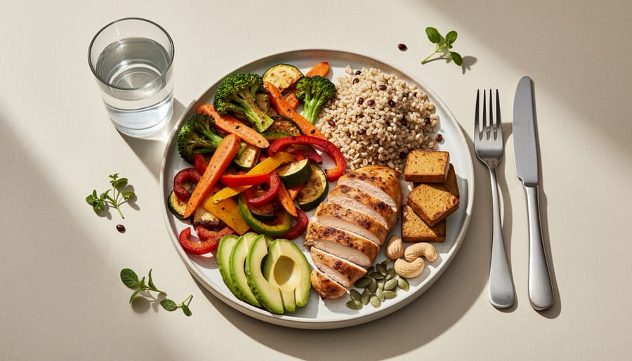 Colorful sustainable meal on a wooden plate with plant-based foods and a small portion of fish.