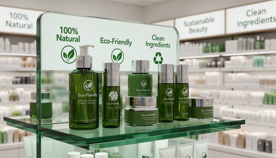 Cosmetics and skincare products in glossy green packaging displayed on a retail table