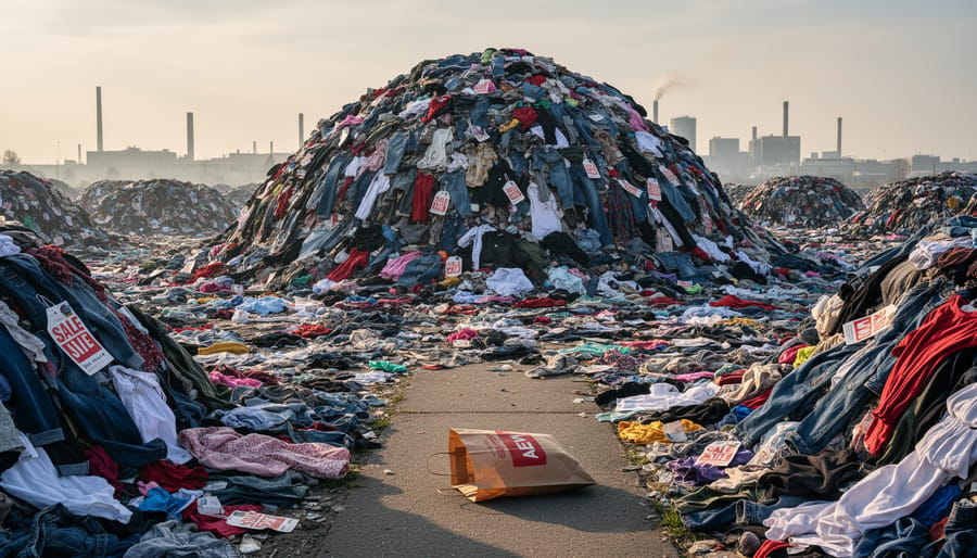 Discarded clothing spilling near a public bin in an urban street setting.