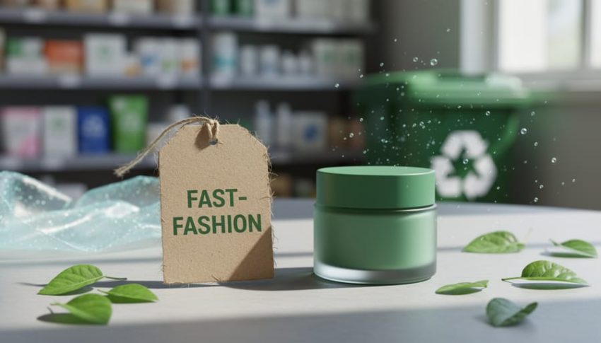 “Garment label and skincare product on a tabletop with scattered leaves and recycled-looking packaging cues, illustrating greenwashing tactics.”