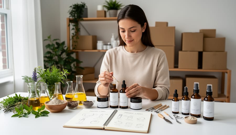 Hands of a small business founder labeling natural skincare bottles on a wooden workbench