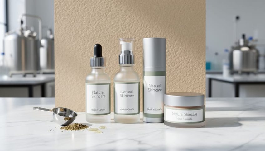 “Clean marble workbench with skincare bottles and a recycled paper backdrop, representing sustainable Canadian private-label cosmetics manufacturing.”