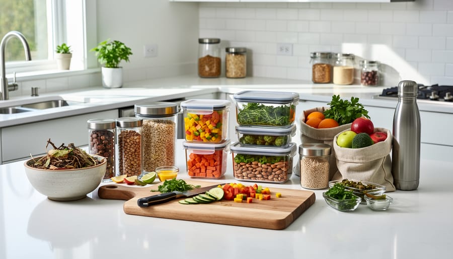 Kitchen counter arranged with reusable glass containers, cloth produce bags, and other zero-waste kitchen items