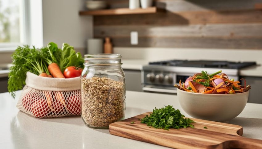 “Sustainable kitchen countertop scene with reusable produce bag, fresh vegetables, cut herbs, dry grains jar, and vegetable scraps in a ceramic bowl.”