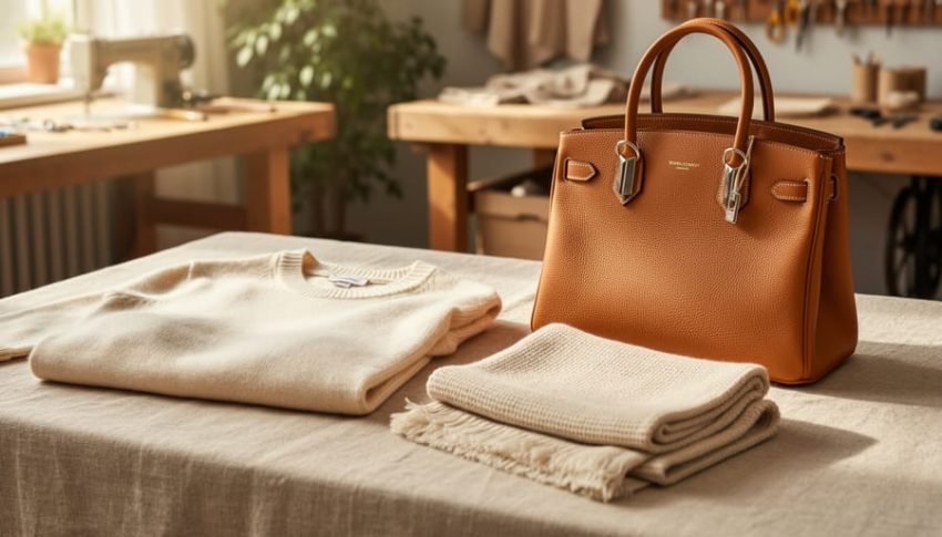 Styled luxury fashion items—cashmere sweater, camel leather handbag, and folded organic cotton scarf—on natural linen with soft daylight and a softly blurred workshop background.