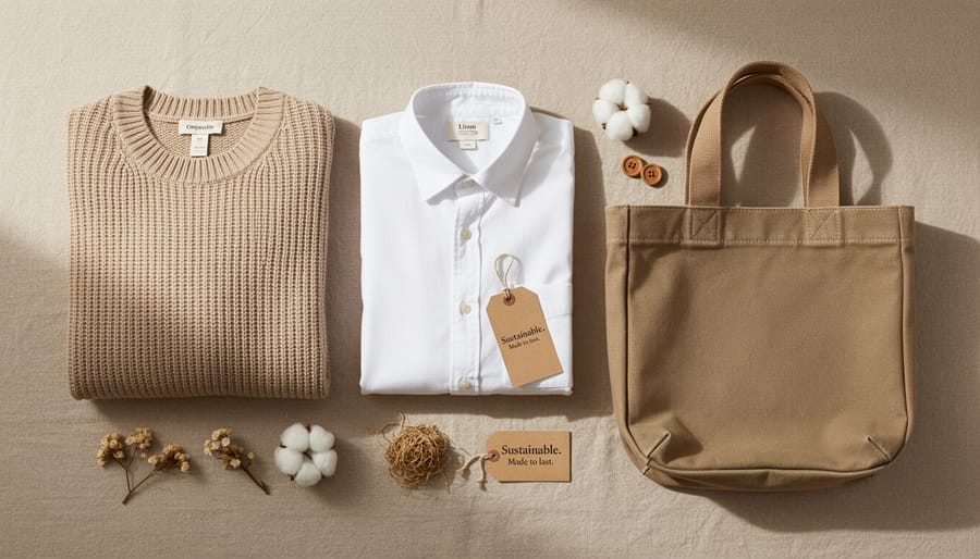Luxury fashion materials arranged neatly on a linen surface, including silk and organic cotton textiles.