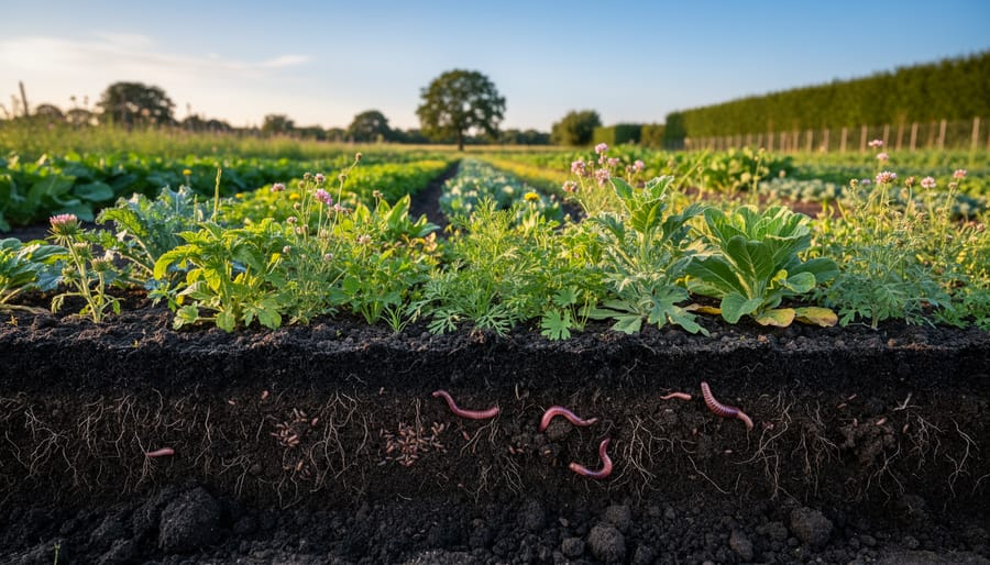 Macro view of nutrient-rich soil held in a person’s hands with earthworms visible.