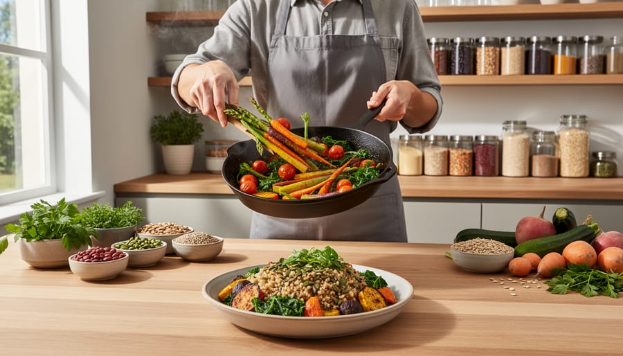 Person chopping seasonal vegetables on a cutting board while preparing a meal in a home kitchen with reusable groceries nearby