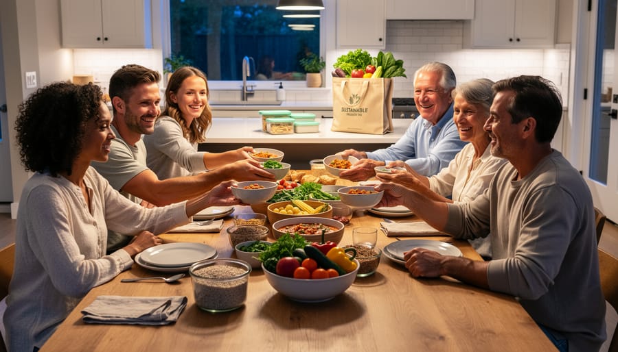 Person serving lentil stew at a dining table with family members nearby.