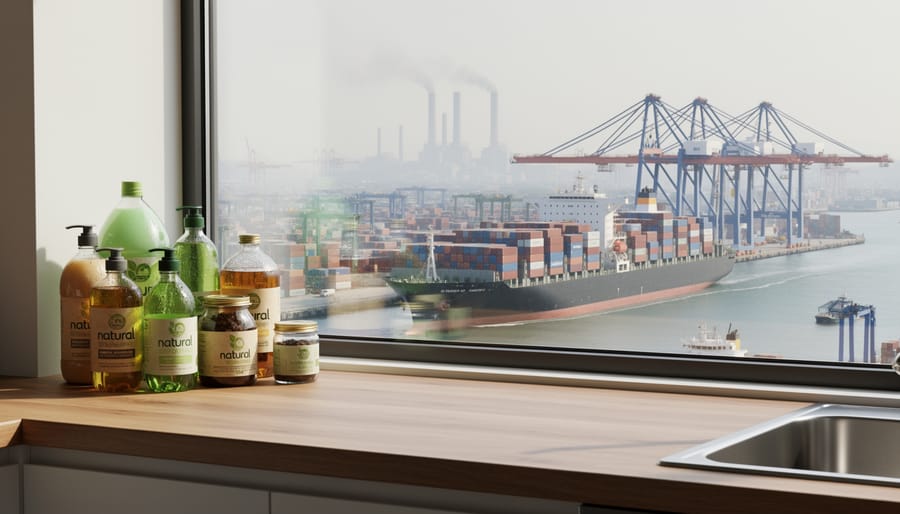 Reusable shopping tote holding a natural-looking cleaning product with a softly blurred cargo ship in the background