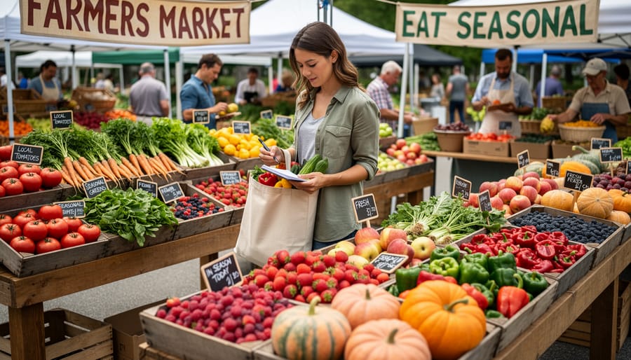 Seasonal fruits and vegetables displayed in a wooden market stall at golden hour.