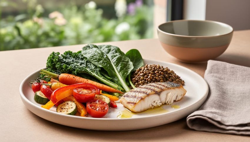 A plant-forward dinner plate with colorful vegetables and greens, photographed from above with soft natural light and a softly blurred garden background.