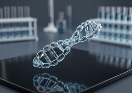 Close-up of a translucent peptide chain on a matte black lab surface with cool blue studio lighting and a softly blurred laboratory background.