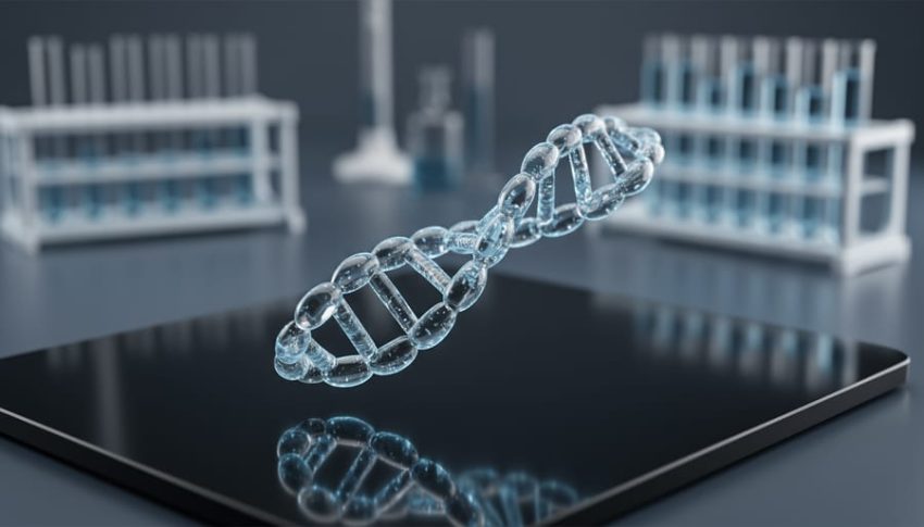 Close-up of a translucent peptide chain on a matte black lab surface with cool blue studio lighting and a softly blurred laboratory background.