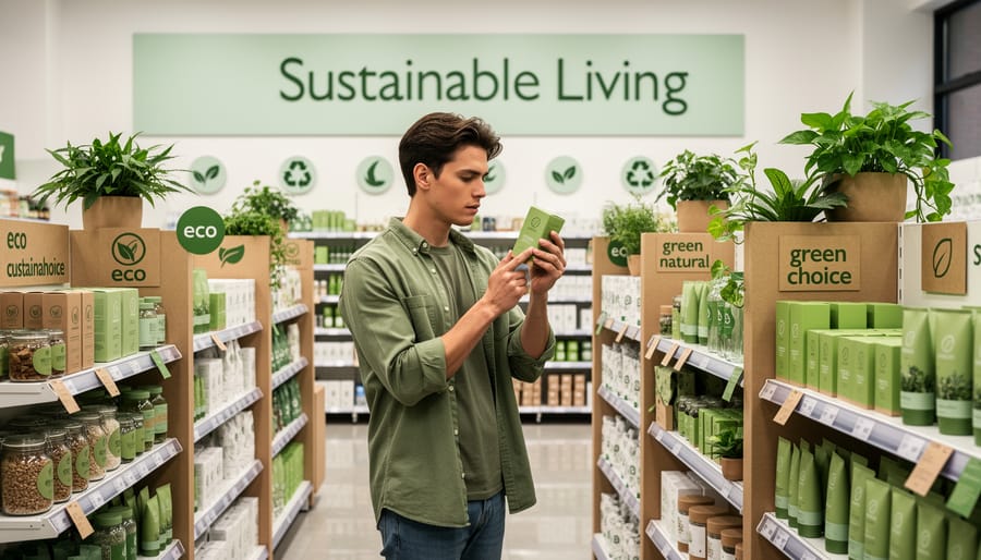 Fashion shopping bag with clothing items and small green sprig placed near blurred clothing racks