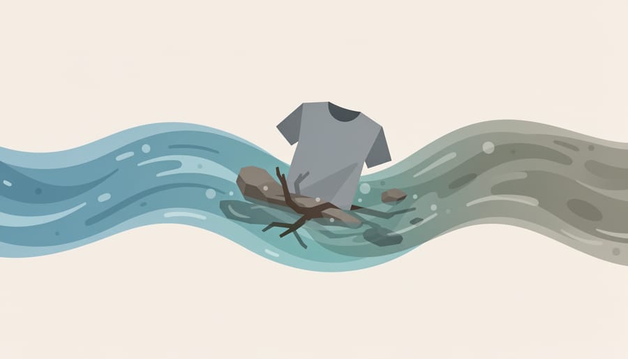 Piece of clothing floating on a river near reeds and shoreline vegetation