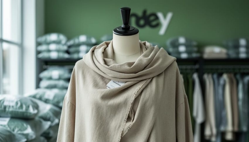 Fashion mannequin wearing earth-toned clothing with subtle packaging and fast-fashion elements implied in the background to represent greenwashing in fashion.