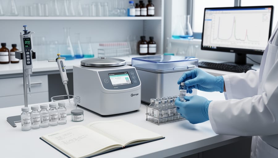 Laboratory vial and pipette on a wooden surface with pharmaceutical supplies in clean lighting