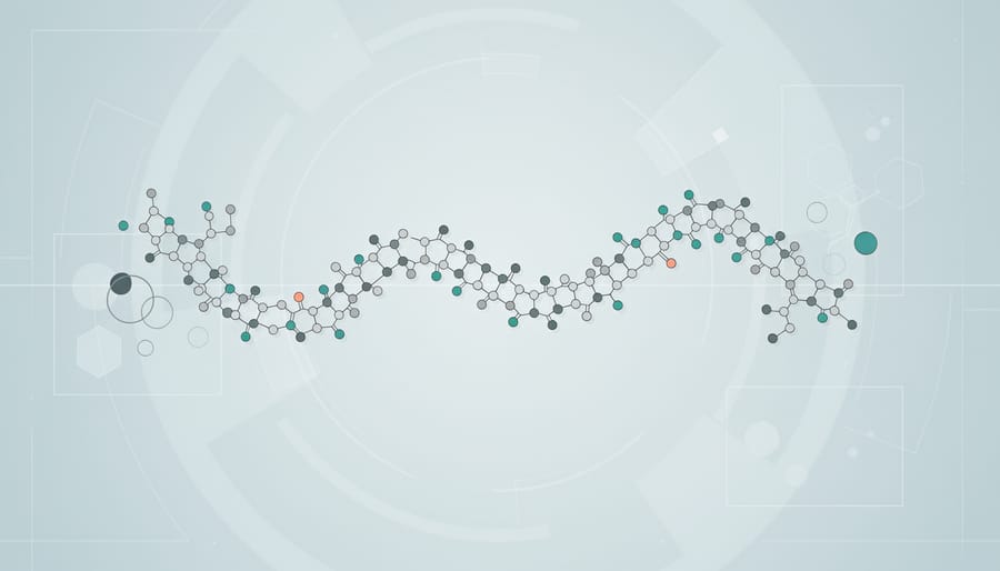 Macro lab-style image showing a glossy translucent ribbon-like peptide chain on matte black glass