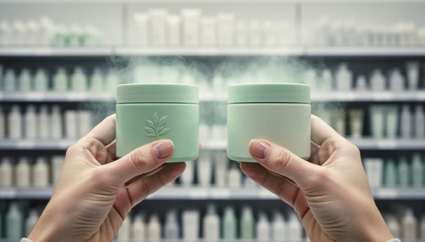 Close-up of a shopper’s hands comparing two product containers on a store shelf, with a subtle leafy branding element surrounded by a hazy, misleading impression.