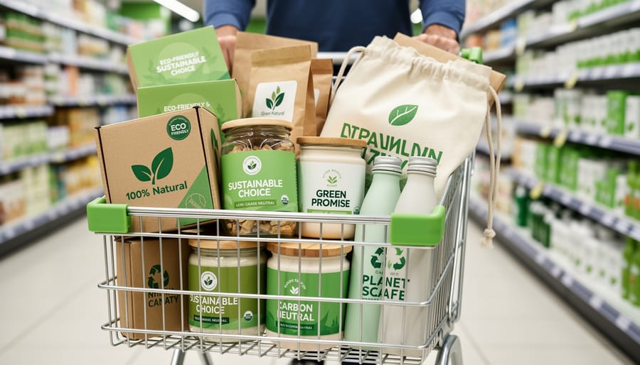 Shopping cart with fashion and beauty products and a reusable tote bag in a retail store aisle