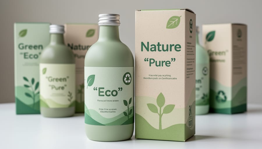 Skincare bottle and kraft paper box with a small herb sprig on linen fabric