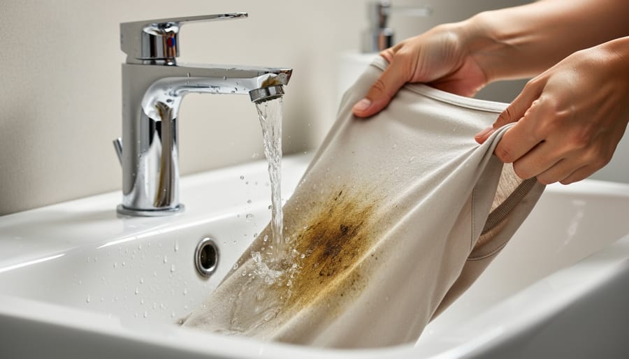 Shirt with a coffee or tea stain being rinsed under a gentle stream of cold water in a sink