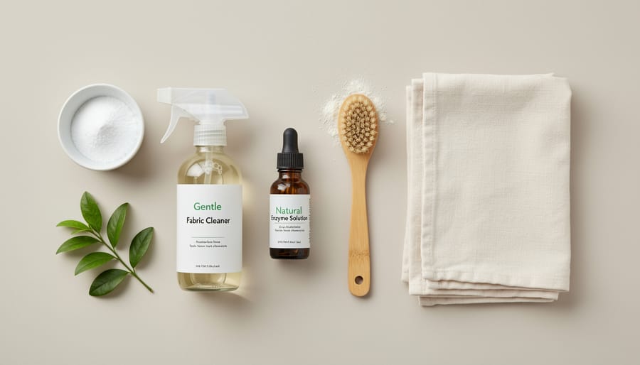 Flat-lay of fabric-safe stain removal supplies including white vinegar, baking soda, microfiber cloth, castile soap, a soft brush, and a spray bottle