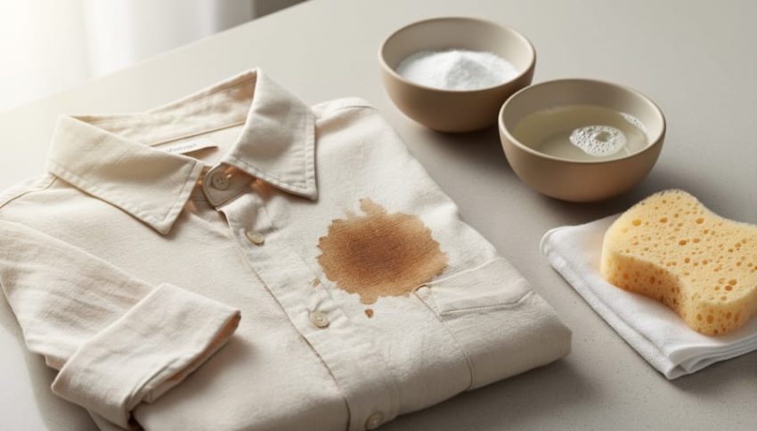 Off-white linen shirt with a visible coffee stain on a light countertop, surrounded by bowls of white vinegar, baking soda, and mild dish soap, with a soft cloth and sponge for gentle stain treatment.